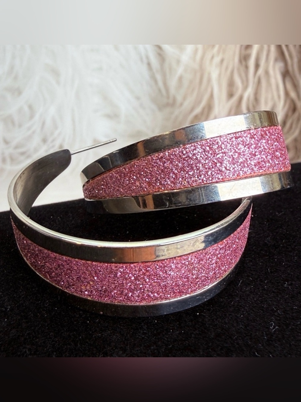 Vintage Silvertone pink glitter accent wide pierced half hoop earrings